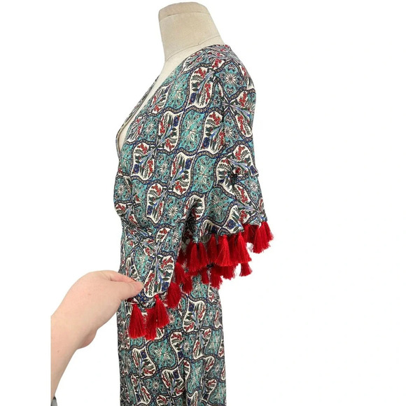 Anthropologie Sachin & Babi Maxi Dress Tassel Abstract Print Blue Red Size 8 - Picture 7 of 16